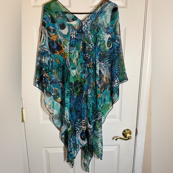 Zury lightweight semi sheer colorful peacock summer top beach cover up free size - Picture 2 of 7